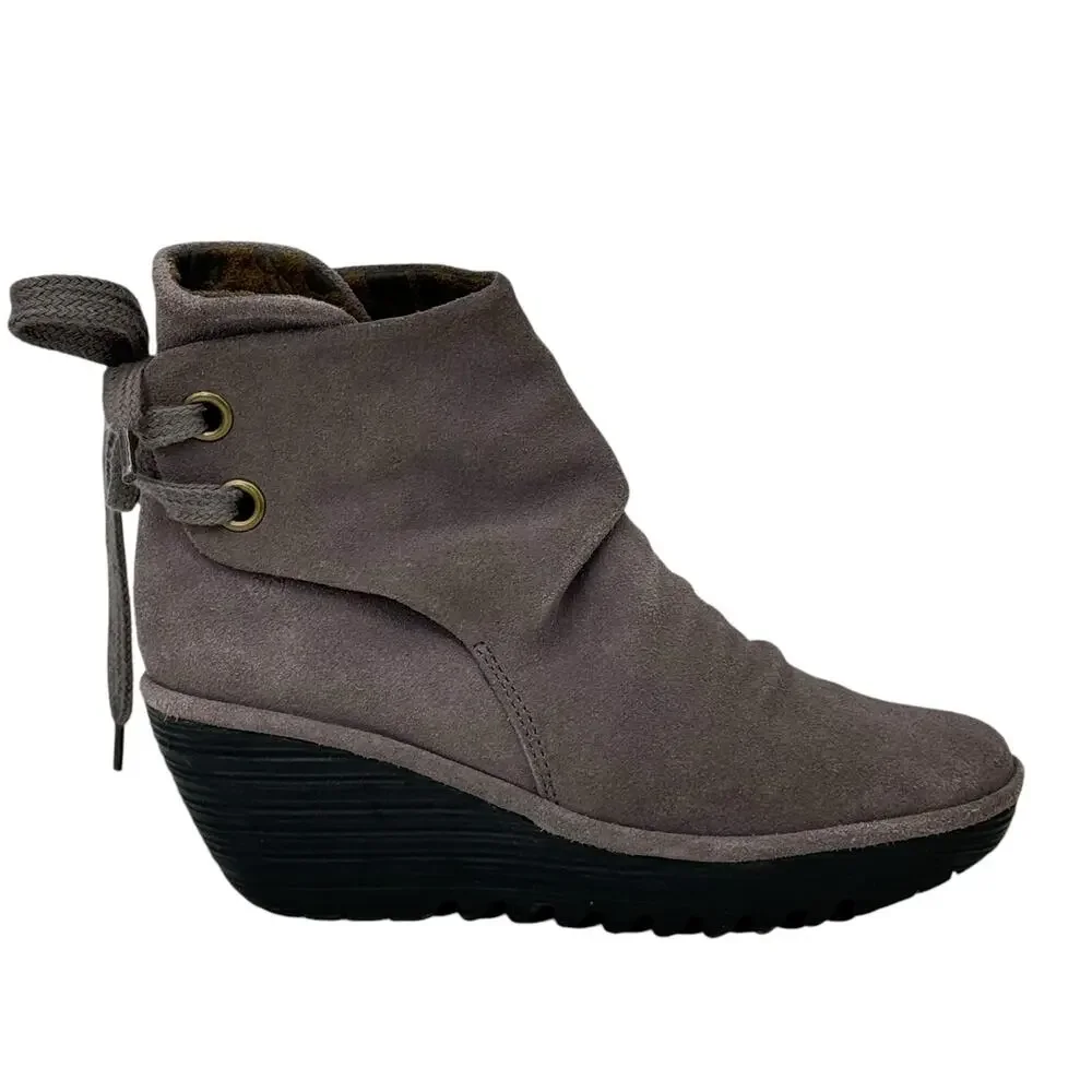 Fly London Yama Wedge Boots Women's SZ 38 Gray Suede Slouchy Lagenlook Comfort